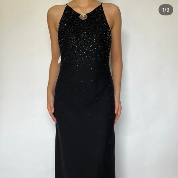 Vintage 90s Chelsea Nites Black Beaded Evening Gown - Picture 2 of 9